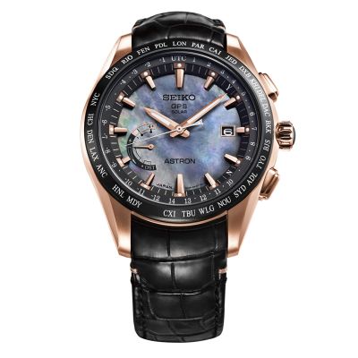 Seiko Men's Astron GPS LIMITED EDITION Novak Djokovic Rose Gold Plated  Black Leather Band Watch SSE105